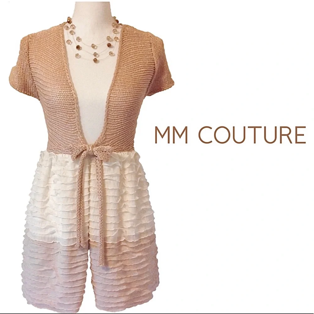 🆕 MM COUTURE Metallic Gold Tie Front Long Cardigan w/Ivory & Beige Ruffles NWT - Picture 1 of 12